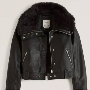 Abercrombie & Fitch Black Leather Jacket with Faux Fur Collar